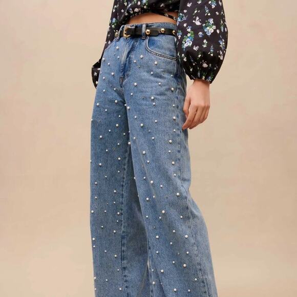 Maje Wide Leg Jeans Beaded Embellishment FR 40 US L - Picture 3 of 12
